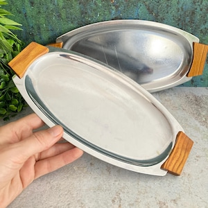 Danish Design, Pair of Oval Metal Serving Trays, Teak Wood Handles, Mid Century Modern Snack Plates, Vintage 1960s Space Age Stainless Steel