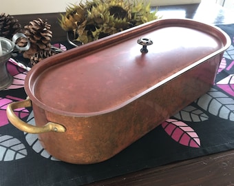 Copper Fish Kettle, XL Large Rustic Steamer Cooker, Antique Copperware, Unique Poissoniere w Lid Brass Handles, Vintage Farmhouse Pot