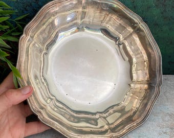 Vintage Silver Plated Serving Bowl, 1930s Scandinavian Chippendale Embossed Metal Dish