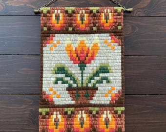 Small Needlepoint Tapestry, Scandinavian Vintage Mid Century Modern Flower Embroidery, Retro Wall Hanging, Brass Metal Hardware Chain