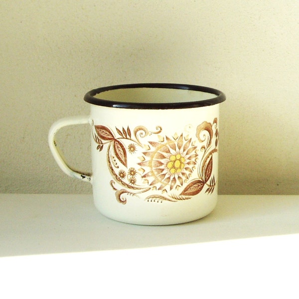 Enamel Mug with Flowers Vintage White Enamelware, Cookware, Soviet Russian Primitive Farm House Camping mug