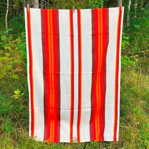 Woven Retro Table Cloth, Mid Century Modern Table Linens, Scandinavian Striped Orange Red Table Cover, Vintage MCM Table Topper 162x102 cm