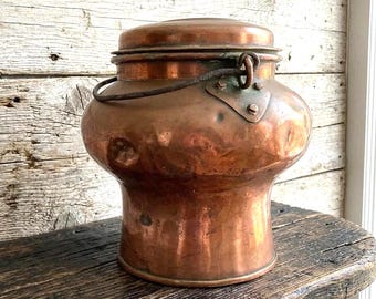 Rustic Copper Pot with Lid & Handle, Antique 1920s Handmade Scandinavian Container, Rustic Farmhouse Decor