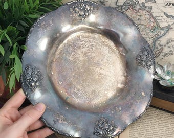 Antique Silver Plated Serving Tray, Scalloped Round Plate with Embossed Fruits, Patina Silverware 9"