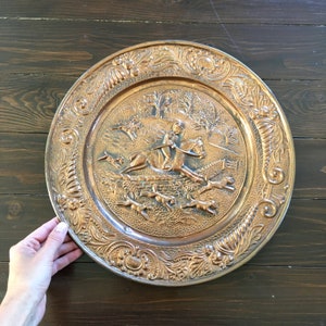 Vintage Copper Plaque, Hunting, Riding Horse, Large Round Ornate Brass Plate, Wall Decor, Art Gift, Repousse Relief, Hand Hammered Tray 14 image 9