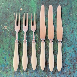 Vintage Bakelite Cutlery Set of 6, Ivory Tone Faux Bone Knives and Forks, 1960s Soviet Union Flatware