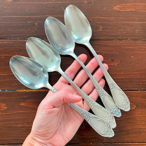 4 Massive Tablespoons, Silver Plated Spoons Set, Antique Large Heavy Soup Spoons, Vintage Silverware, Tarnished 1950s New Silver Flatware