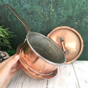 Antiker Kupfer Kochtopf mit Griff und Deckel, dekorative rustikale Saucenkelle, Bauernhaus Küchen Dekor, 2 Liter