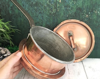 Panela de cobre antiga com alça e tampa, caçarola decorativa rústica, decoração de cozinha estilo fazenda, 2 litros