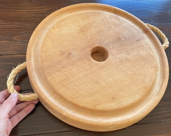 Massive Wooden Lazy Susan Turntable, Serving Board, Large Rotating Appetizer Tray, Rope Handles 12.5"