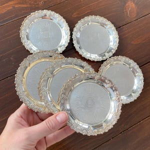 Chromed Silver Coaster Set, 6 Drinks Serving Coasters, Embossed Grape Motifs, Metal Drinkware Set, Wine Champagne Coasters, Vintage Barware