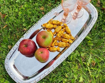 Chromed Silver-tone Serving Tray, Vintage Long Oval Fish Platter, Etched Metal, Coffee Table Centerpiece
