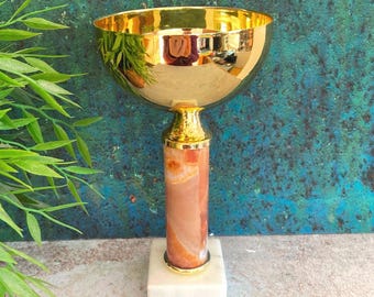 Gold Trophy Cup, Footed Metal Award, Granite Stone Base, Fake Marble (Plastic) Foot