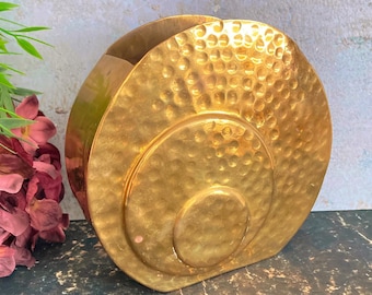 Vintage Brass Disk Vase, Mid Century Indian Hand Hammered Embossed Vase, Enesco Imports