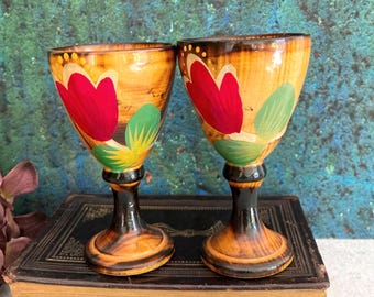 Pair of Wooden Goblets, Vintage 1970s Footed Shot Cups Set, Stylish Mid Century Folk Art