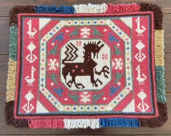 Small Needlepoint Tapestry with Mythical Animal, Vintage Muted Pink Swedish Folk Art Embroidery Table Topper, Fringe