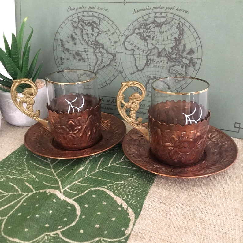 Vintage Tea Set Ornate Copper Cup Holder Saucer Set of 2 Tea Etsy