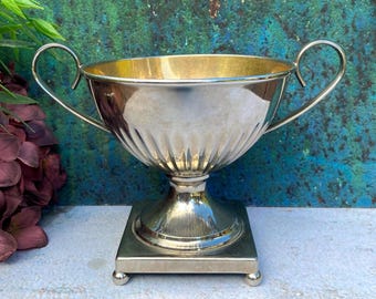 Vintage Trophy Cup, Chrome Plated Footed Loving Cup with Handles, 1930s Swedish Art Deco