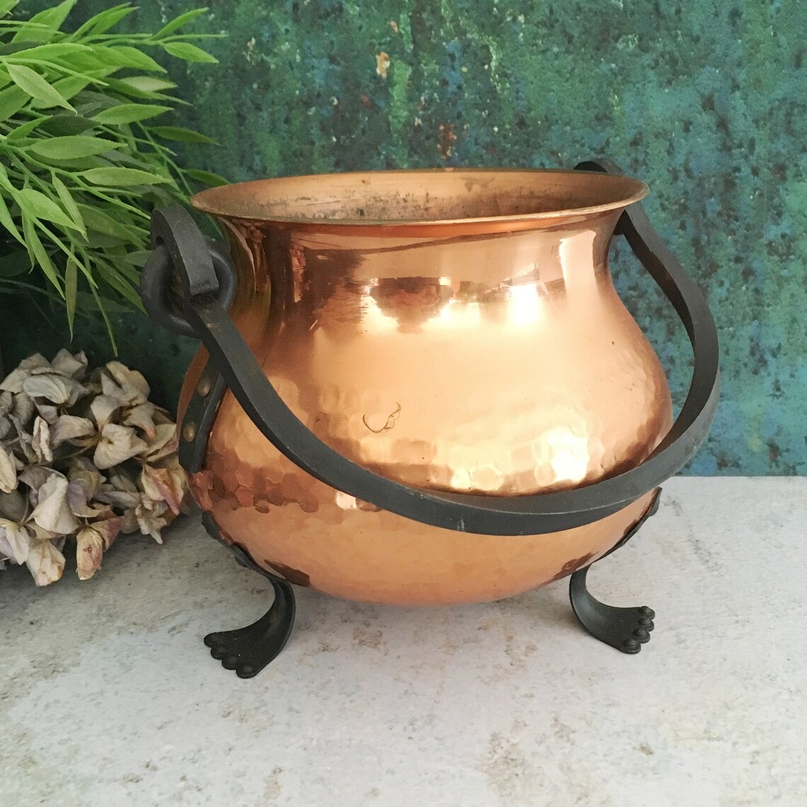 Large Copper Cauldron Vintage Brass Pot Wrought Handle Etsy
