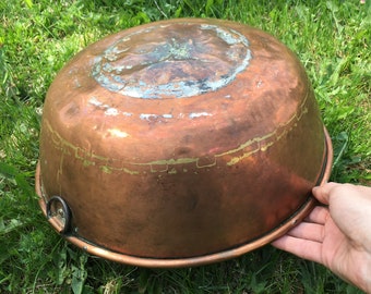 Large Copper Bowl, XXL Antique Brass Cauldron, Rustic Copperware, Convex Bottom, Huge Heavy Handmade Pot, Vintage Farmhouse Decor 13"