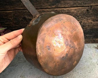 Vintage Copper Saucepan with Iron Handle & Convex Bottom, Rustic Decorative Pot from Scandinavia, Farmhouse Decor