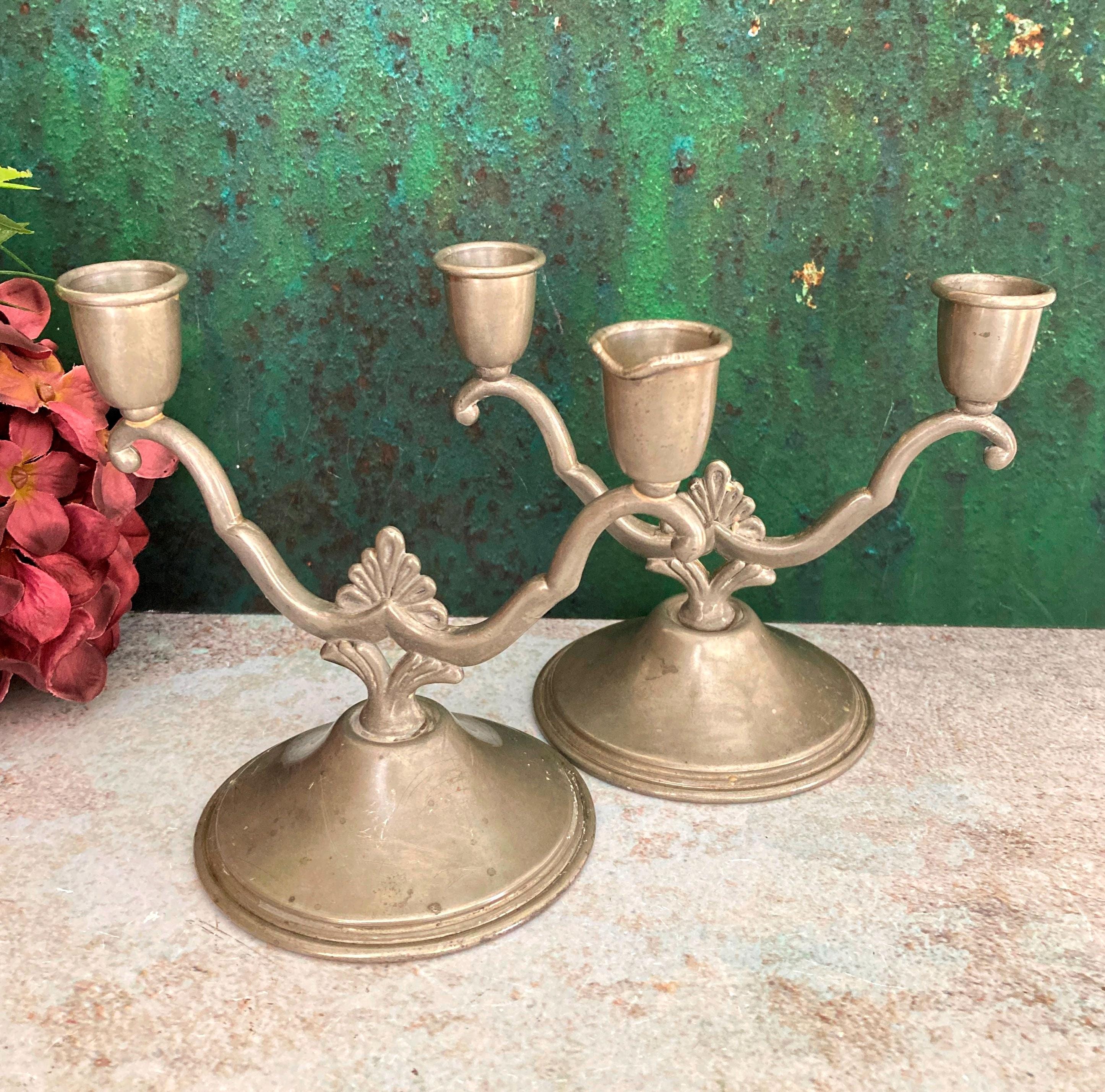 Vintage Two Arm Candle Holders Pair, Pewter Candle Sticks