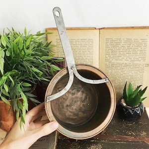 Copper Pot, Unique Vintage Saucepan, Rustic Handmade Copperware Kitchen Decor, Antique Farmhouse Heavy Brass Cooking Pot, Long Forged Handle