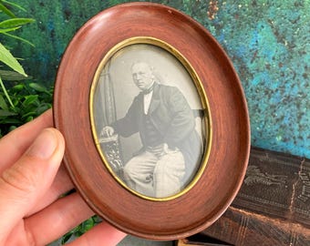 Oval Wooden Curved Convex Picture Frame, Small Antique Swedish Domed Bubble Glass Portrait Frame