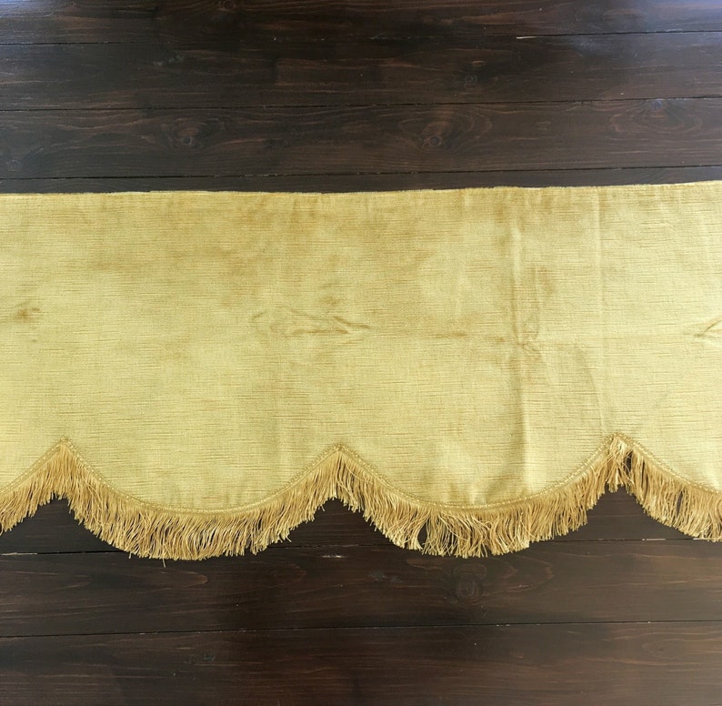 Gold Velvet Curtains w Valance, Antique Heavy Scalloped Pelmet w Fringes, Luxury Yellow Drape Panels, Victorian Bedroom 4.7 yards image 3