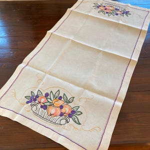 Hand Embroidery Table Runner, Vintage Natural Linen, Handmade Crewel Table Topper, Purple Pink Fruit Bowls, Rectangular Tablecloth