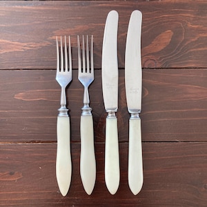 Vintage Cutlery Set of 4, 1960s Soviet Union Knives and Forks with Ivory Bakelite Handles,  Faux Bone Flatware