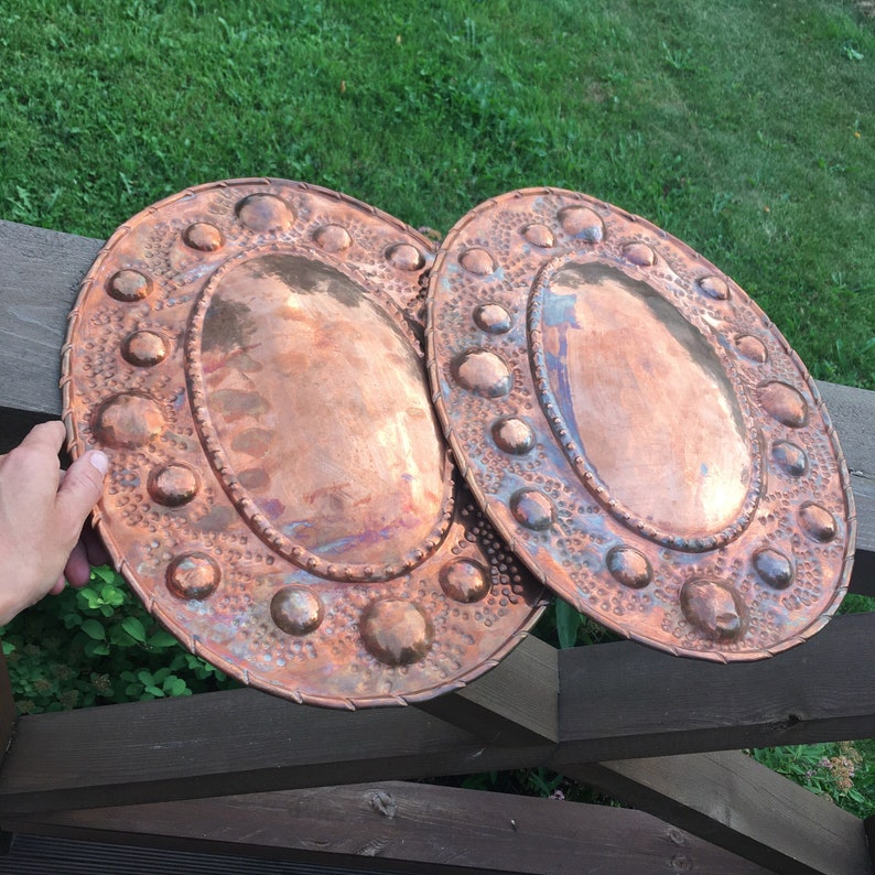 Large Copper Wall Hangings Unique Pair Embossed Oval Convex Etsy
