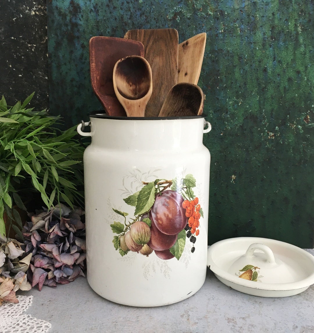 Big Enamel Canister Vintage Enamelware Compost Bin Kitchen Etsy