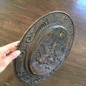 Vintage Copper Plaque, Hunting, Riding Horse, Large Round Ornate Brass Plate, Wall Decor, Art Gift, Repousse Relief, Hand Hammered Tray 14 image 7