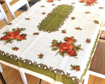 Vintage Tablecloth with Printed Red Roses, 1990s Estonian Floral Table Linens, Retro Party Dinner Table Cover