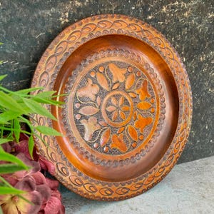 Wooden Plaque, Vintage Hand Carved Round Plate with Brass Inlay, Wall Hanging Plate, Heirloom Home Decor, Wood Burning 1960s Poland Folk Art