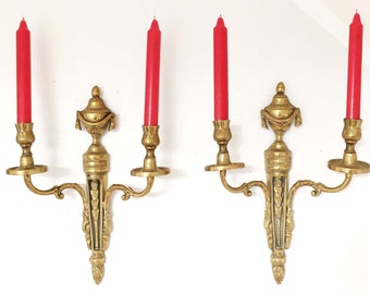 Candle Wall Sconce Pair, 2 Antique Brass Candelabras, Large Heavy Two Arm Candle Sticks, Ormolu Art Nouveau, Victorian Chateau Mansion Decor