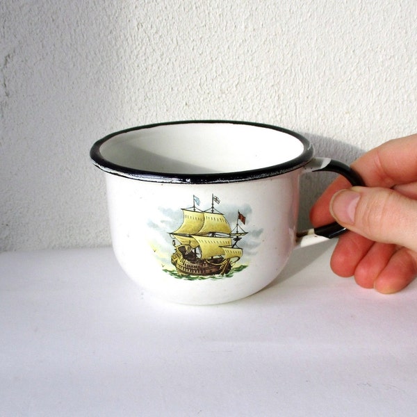 Little Enamel Cup with Ship Picture, Vintage Camping Mug, White Enamelware, Cookware, Soviet Russian Primitive Dish