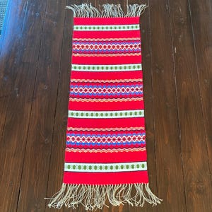Hand Woven Wool Table Runner, Vintage Bright Red Tablecloth, Very Soft, Handmade on Looms, Scandinavian Swedish Ethnic Folk Rug 34&quot;x11&quot;