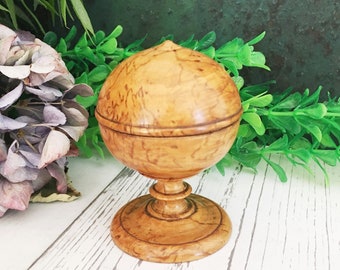 Rare Curly Birch Wood Vessel, Antique Hand Turned Treen Pill Silverer, Small Footed Lidded Bowl, Apothecary Pharmacy Medical Curiosity