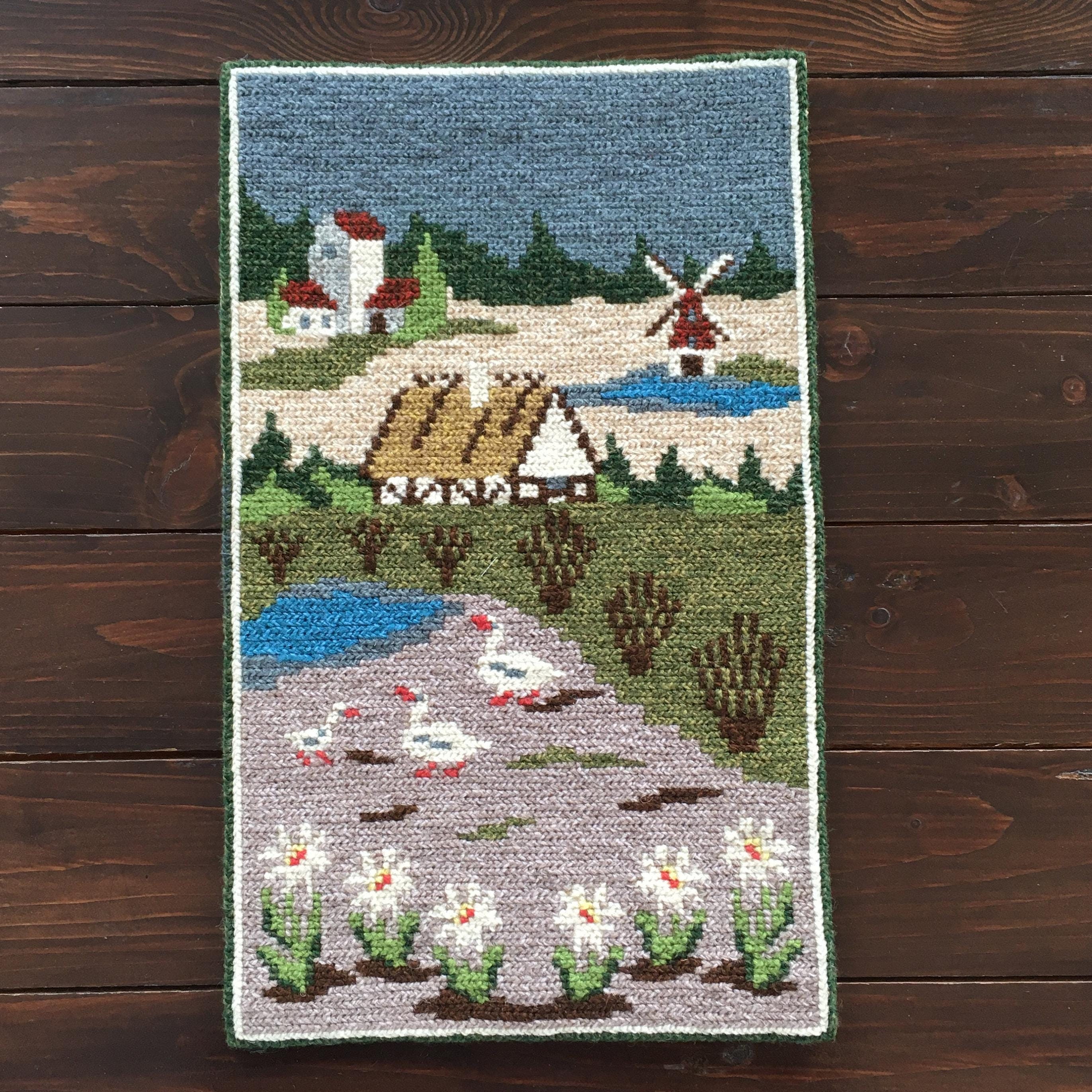 ヴィンテージの手刺繍タペストリー、農場のガチョウの風車