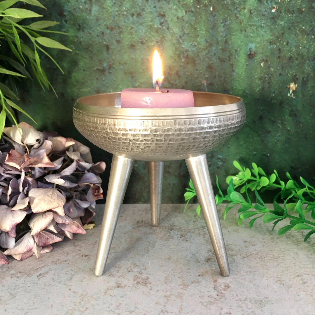 Mid Century Modern Candle Holder, Footed Pewter Candle Stick Holder