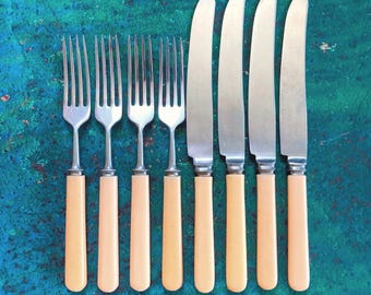 Vintage Bakelite Handle Cutlery Set of 8, Yellow Retro Celluloid Flatware, 1960s Soviet Union Knives & Forks