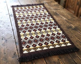Hand Embroidered Table Runner, Vintage Scandinavian Folk Rug with Fringe, Swedish Tapestry