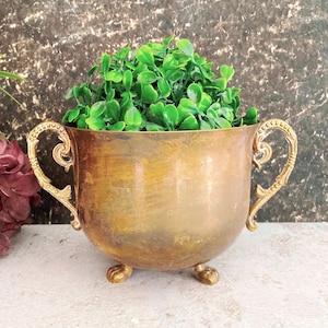 Vintage Copper Plant Pot with Mini Paw Feet & Ornate Brass Handles, Legged Metal Succulent Herbs Cacti Pot