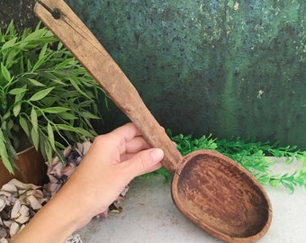 Large Wood Cooking Spoon, Vintage Hand Carved Antique Rustic Scoop, Primitive Wooden Patina Ladle, Farmhouse Kitchen Decor