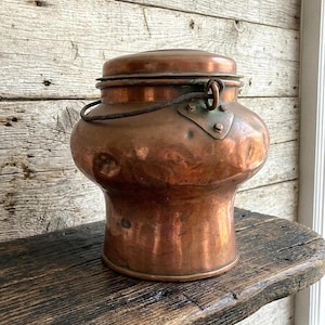 Rustic Copper Pot with Lid & Handle, Antique 1920s Handmade Scandinavian Container, Rustic Farmhouse Decor