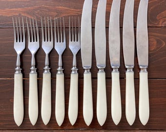 Vintage Bakelite Handle Flatware, Ivory Faux Bone Ivory Cutlery Set of 10, Knives and Forks, 1960s Soviet Union