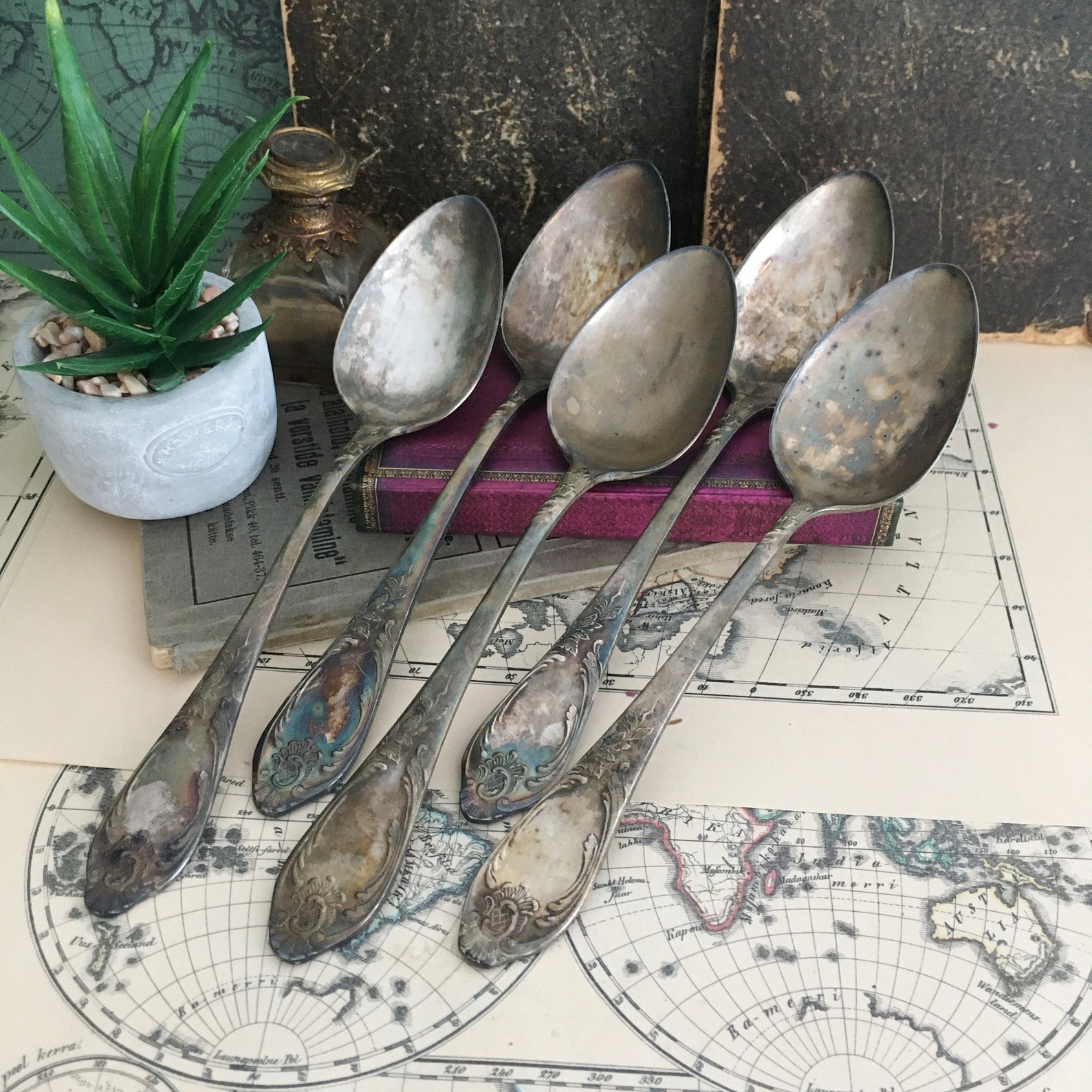Antique Silver Plated Spoons Set of 5 Big Ornate Soup Spoons Etsy