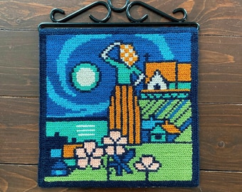 Vintage Swedish Needlepoint Tapestry with Blue Moon & Woman, Small Handmade Folk Art Embroidery